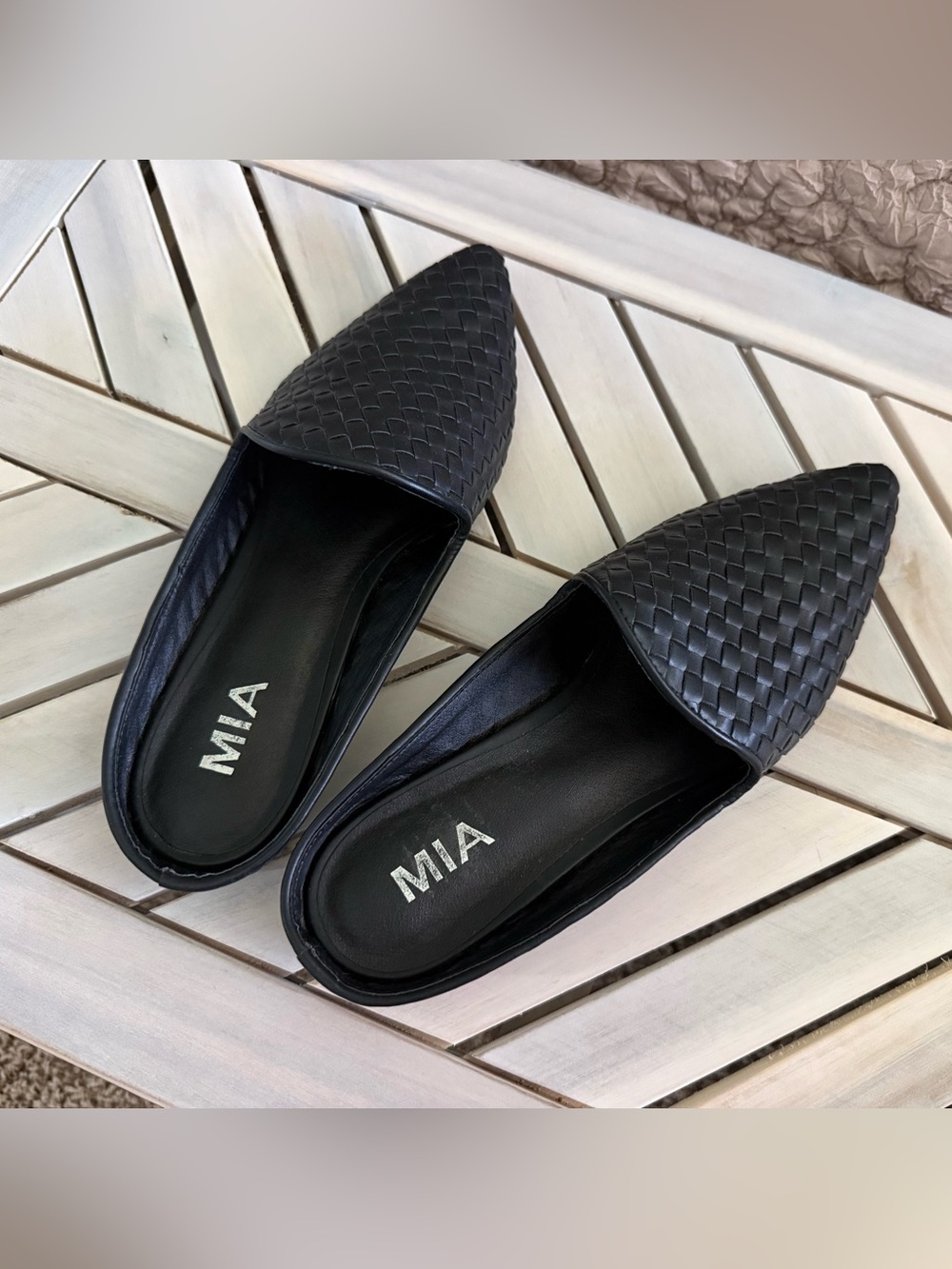 MIA Black Woven Pointed-Toe Mules